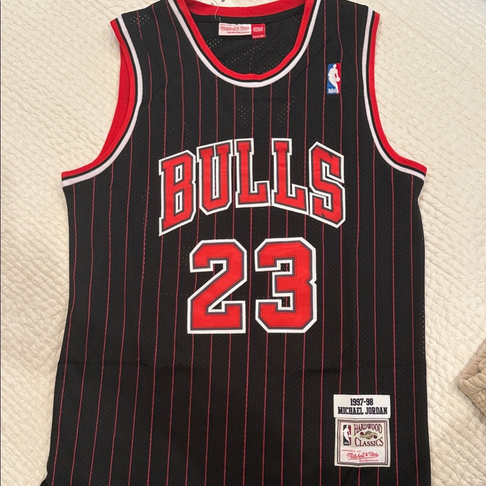 Jordan Bulls Black and Red Pinstripe Jersey